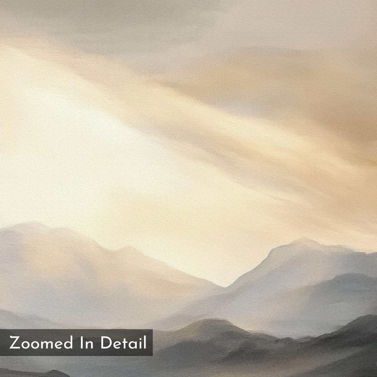 Mountain Reverie Canvas Art - Square: A soft pastel painting depicting misty mountains beneath a cloudy sky with warm light. The gentle gradient adds tranquility, and "Zoomed In Detail" is displayed in the corner.