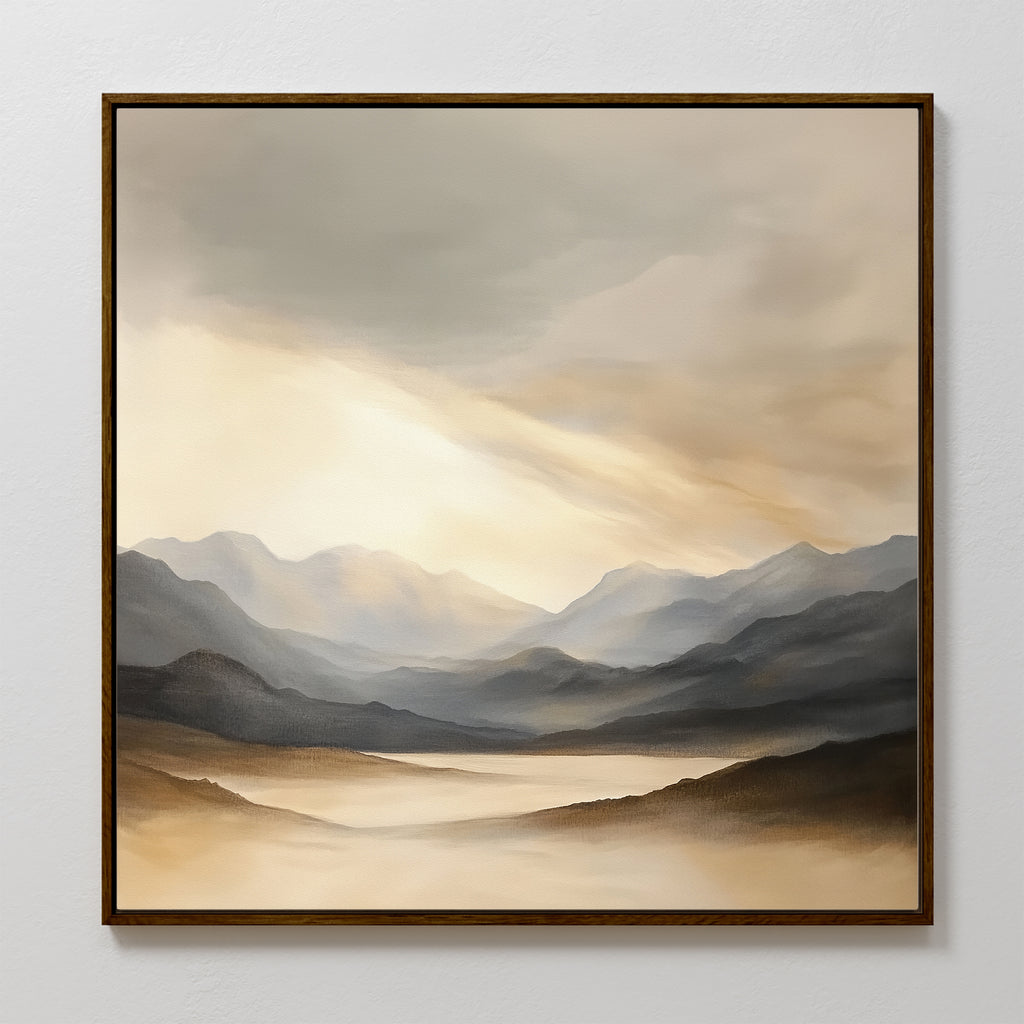 The Mountain Reverie Canvas Art - Square showcases a peaceful mountain landscape in soft gray and beige tones, with gentle light over misty hills—ideal for creating a serene atmosphere in any room.