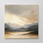 Bring tranquility to your space with the Mountain Reverie Canvas Art - Square, featuring misty mountains and a calm lake under soft sunlight in soothing beige, gray, and light brown tones—perfect for peaceful decor.