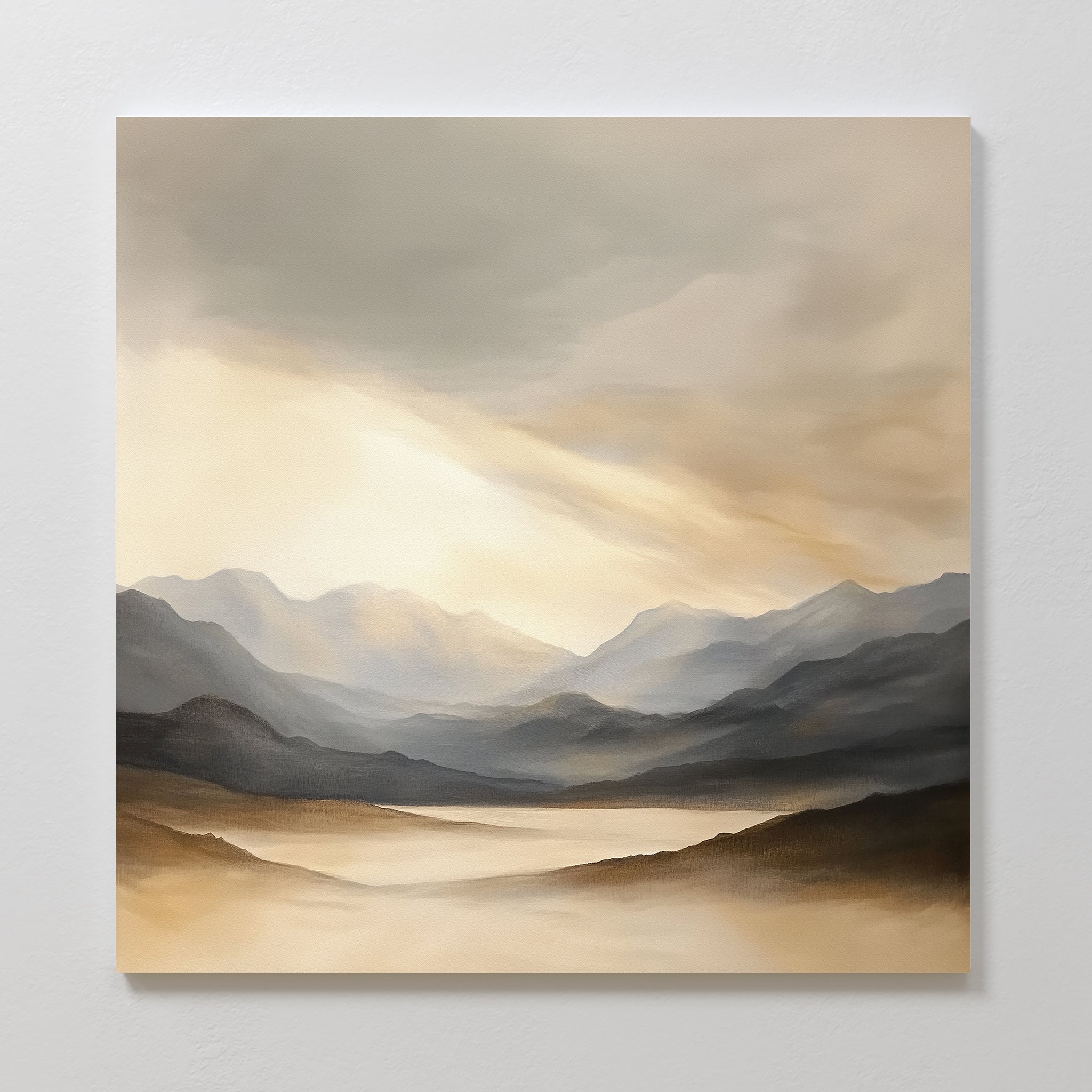 Bring tranquility to your space with the Mountain Reverie Canvas Art - Square, featuring misty mountains and a calm lake under soft sunlight in soothing beige, gray, and light brown tones—perfect for peaceful decor.