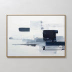 The Navy Brushwork Canvas Art - Horizontal showcases abstract geometric print with navy blue, gray, and white brush strokes on a mostly white background, highlighted by a thin gold frame—ideal modern wall art for any space.