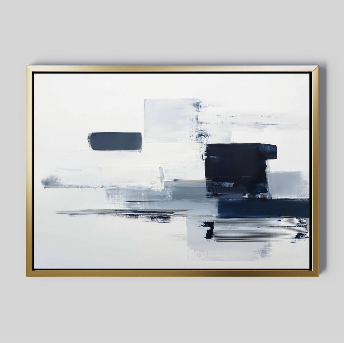 Navy Brushwork Canvas Art - Horizontal features bold navy, black, and white brushstrokes in rectangular shapes on a light background, accented by a thin gold frame for a striking abstract touch to any space.