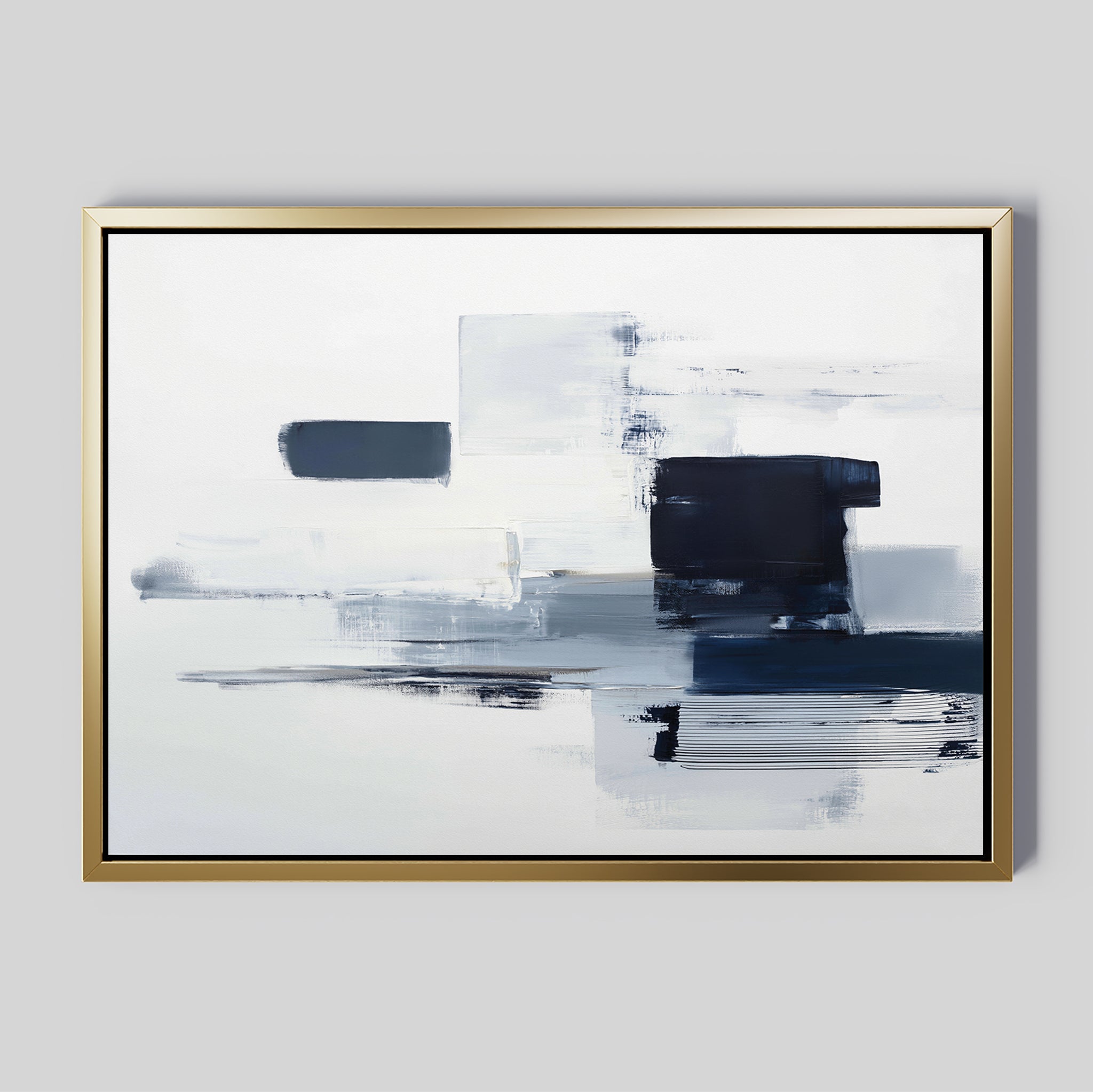 Navy Brushwork Canvas Art - Horizontal features bold navy, black, and white brushstrokes in rectangular shapes on a light background, accented by a thin gold frame for a striking abstract touch to any space.