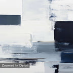 Navy Brushwork Canvas Art - Horizontal features overlapping rectangles in white, gray, and navy with bold brushstrokes and textured layers. "Zoomed In Detail" text appears in the bottom left corner.