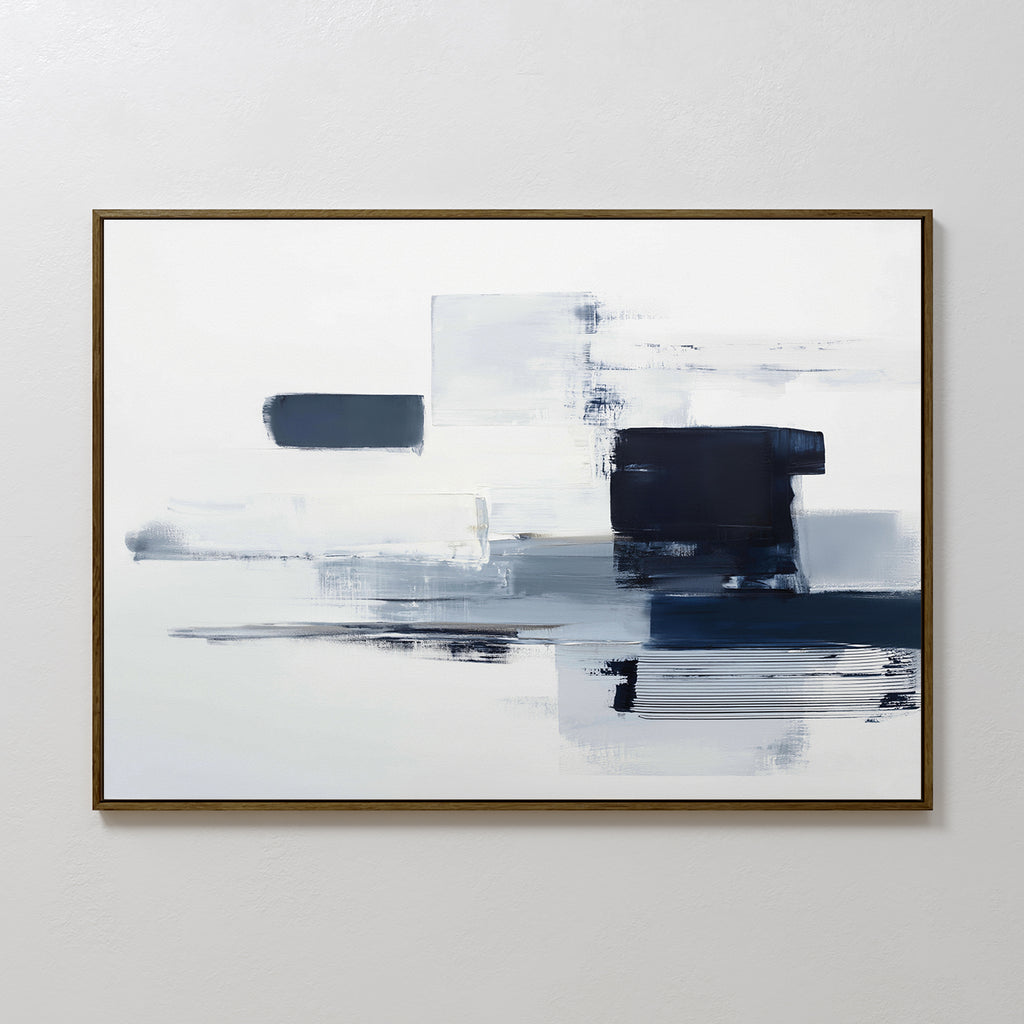 Navy Brushwork Canvas Art - Horizontal features rectangular and linear brushstrokes in white, gray, and navy on a white background, framed with a slim dark border—ideal as modern wall art or a geometric accent for your space.