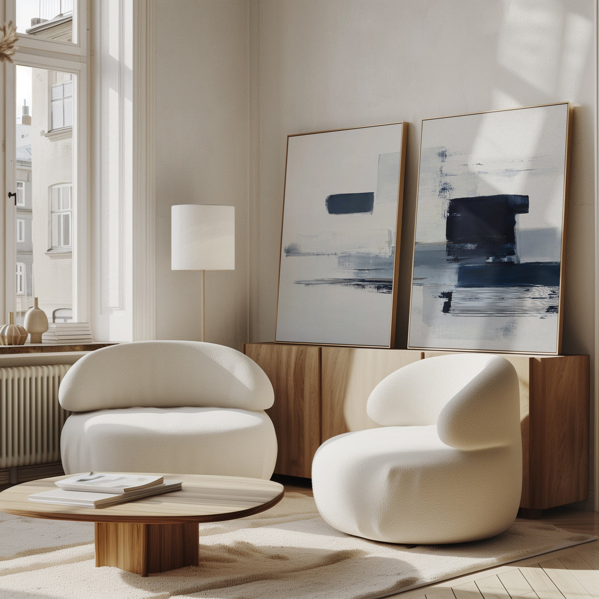 A modern living room features two curved white armchairs, a round wooden coffee table, a floor lamp, and the Navy Brushwork - Set Of 2 wall art resting on a wooden sideboard beneath tall windows for minimalist home decor.
