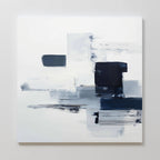 Navy Brushwork Canvas Art - Square features overlapping rectangles in white, gray, and dark blue with textured brushstrokes. This modern abstract piece adds a minimalist vibe to any space and looks striking when mounted on a white wall.