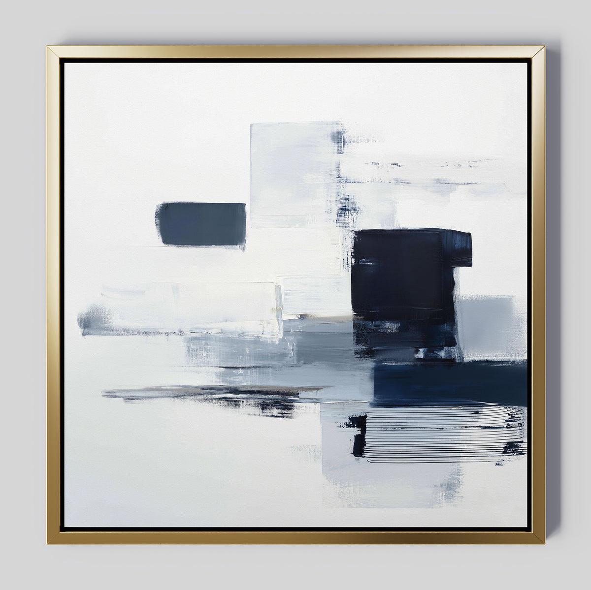 Navy Brushwork Canvas Art - Square: Distinctive abstract wall art with bold navy and dark blue brushstrokes, geometric shapes, and a white/grey background in a gold frame—ideal for minimalist home decor.
