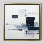 Navy Brushwork Canvas Art - Square: Distinctive abstract wall art with bold navy and dark blue brushstrokes, geometric shapes, and a white/grey background in a gold frame—ideal for minimalist home decor.