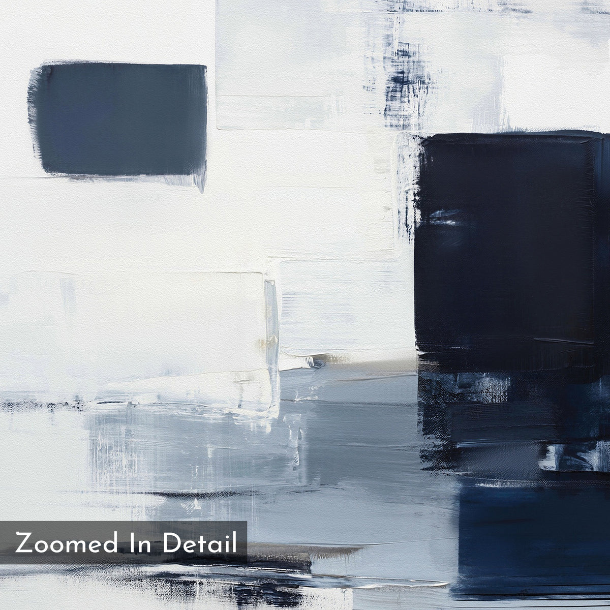 The Navy Brushwork Canvas Art - Vertical features large, overlapping blocks in white, gray, and dark blue with textured brushstrokes. Ideal for minimalist decor. “Zoomed In Detail” is shown in a gray box in the lower left corner.