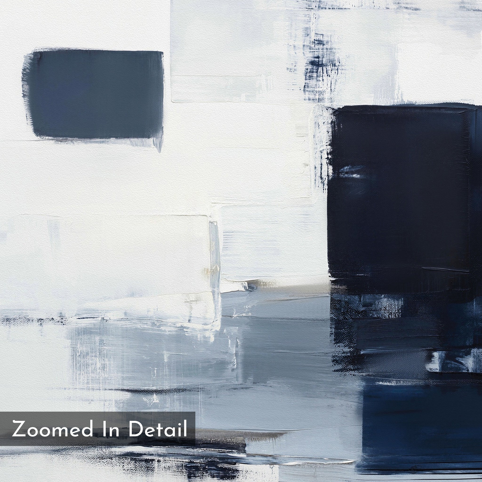 The Navy Brushwork Canvas Art - Vertical features large, overlapping blocks in white, gray, and dark blue with textured brushstrokes. Ideal for minimalist decor. “Zoomed In Detail” is shown in a gray box in the lower left corner.