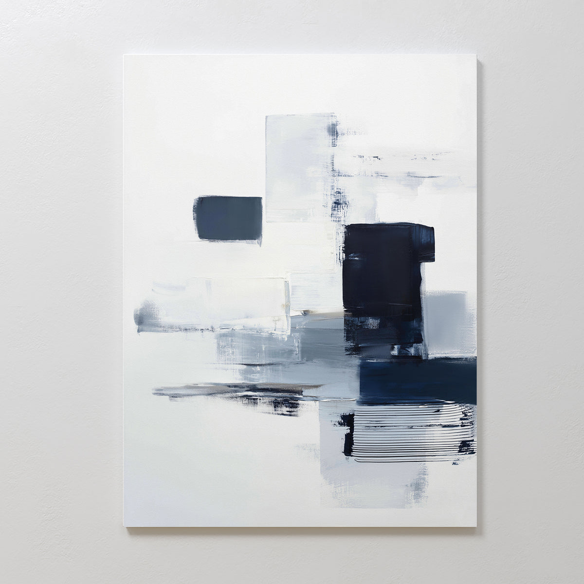 Navy Brushwork Canvas Art - Vertical features abstract blocks and strokes of navy blue, gray, and white with overlapping geometric shapes and blurred edges, perfect as a minimalist wall art piece for your home decor.