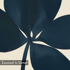 Navy Clover Canvas Art - Horizontal features a close-up of dark blue overlapping leaf shapes on a beige, painted-texture background. "Zoomed In Detail" appears in the lower left, creating striking botanical wall art.