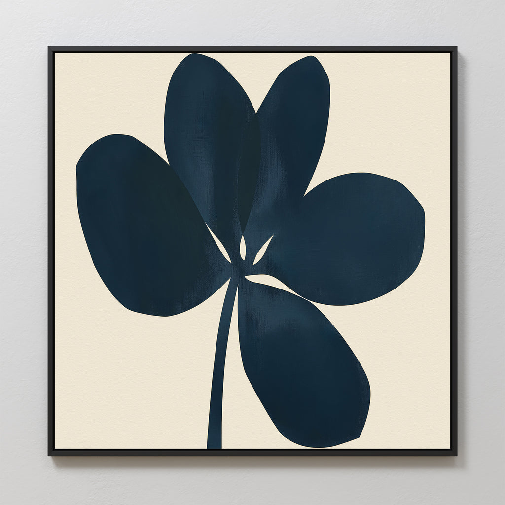 Navy Clover Canvas Art - Square: A minimalist dark blue five-petal flower with a stem on an off-white background in a black square frame. Perfect botanical wall art for navy blue and minimalist decor lovers.