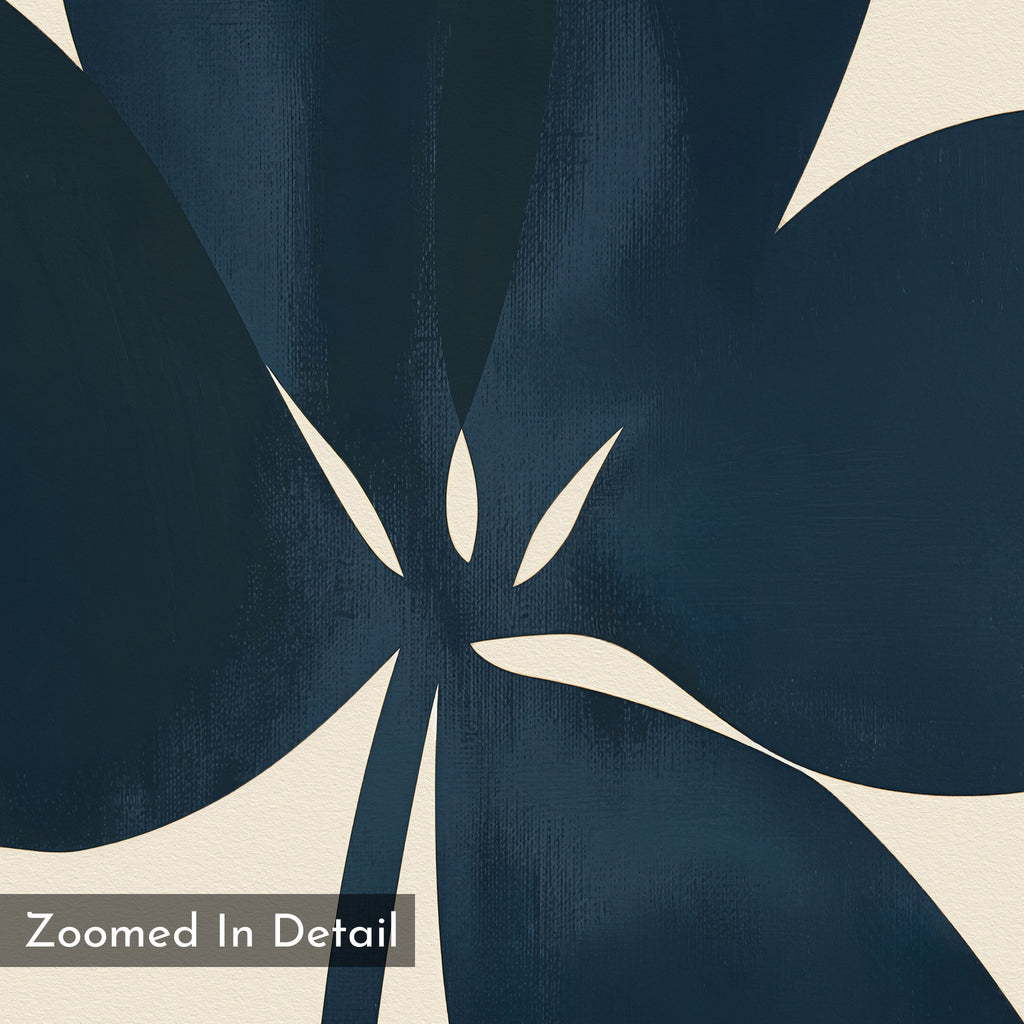 Abstract close-up of the Navy Clover Canvas Art - Square features bold navy botanical shapes on a cream background, with “Zoomed In Detail” in the lower left corner—a perfect minimalist wall decor piece.