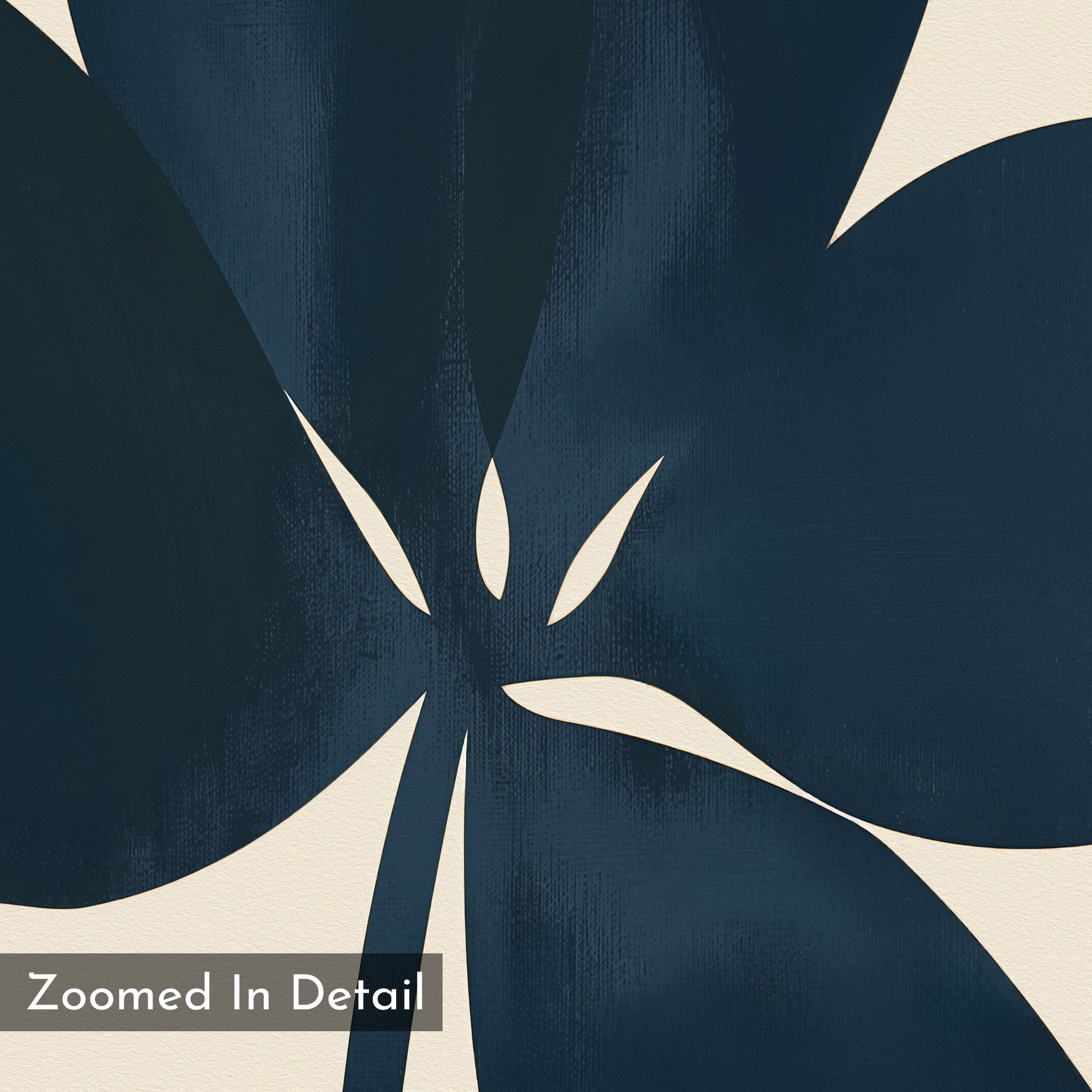 Abstract close-up of the Navy Clover Canvas Art - Square features bold navy botanical shapes on a cream background, with “Zoomed In Detail” in the lower left corner—a perfect minimalist wall decor piece.