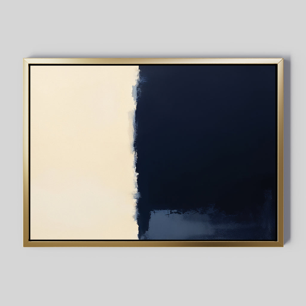 The Navy Division Canvas Art - Horizontal features a gold frame, a beige left section, dark navy right side, an uneven textured divide, and a light gray background for minimalist modern elegance.