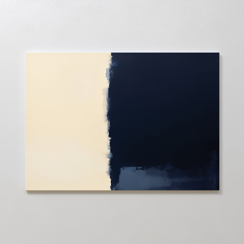 The Navy Division Canvas Art - Horizontal features a minimalist design with a light beige left half and a solid dark navy blue right half, blending subtly in the center for a modern look inspired by Nordic Park aesthetics.