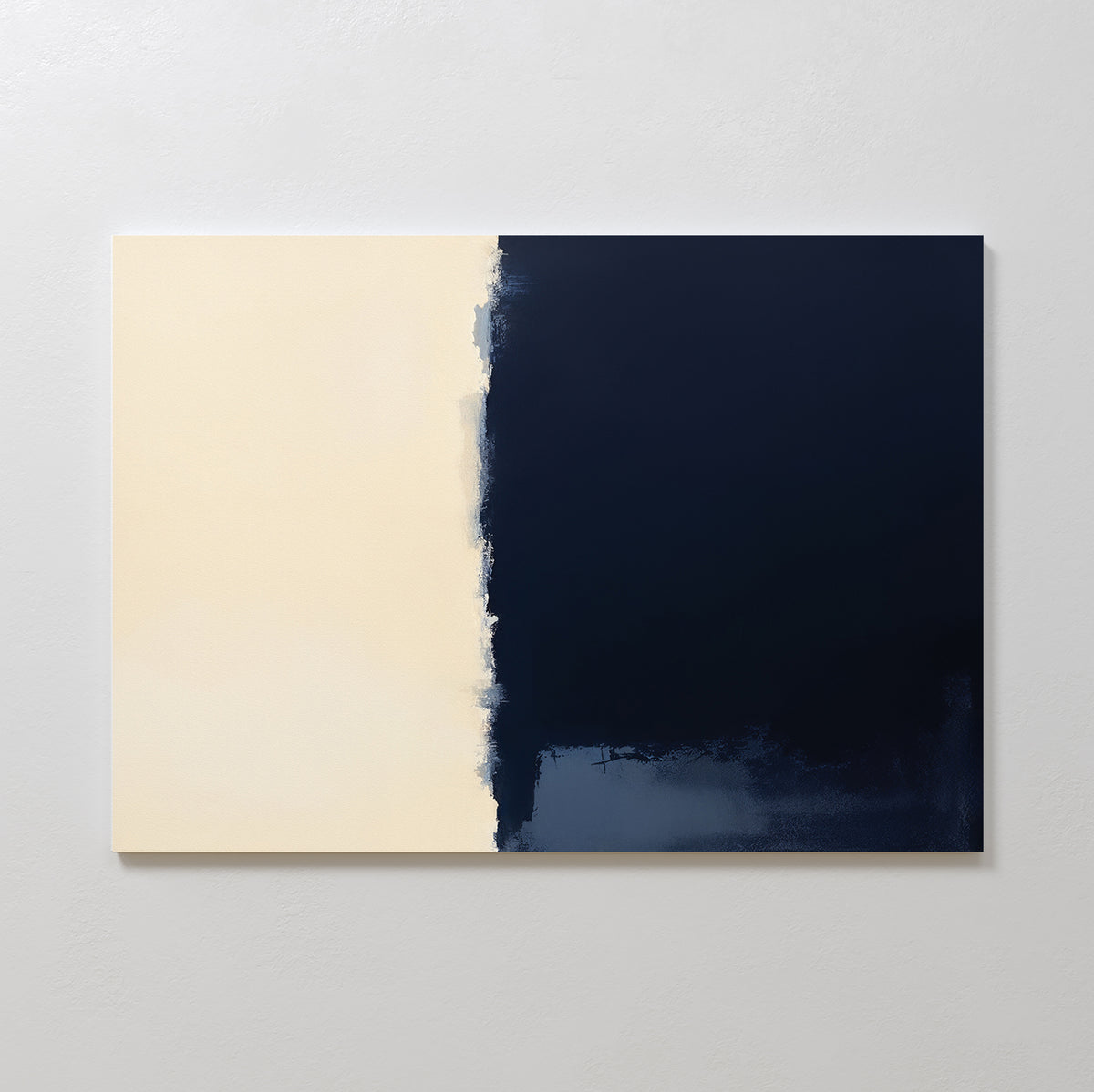 The Navy Division Canvas Art - Horizontal features a minimalist design with a light beige left half and a solid dark navy blue right half, blending subtly in the center for a modern look inspired by Nordic Park aesthetics.