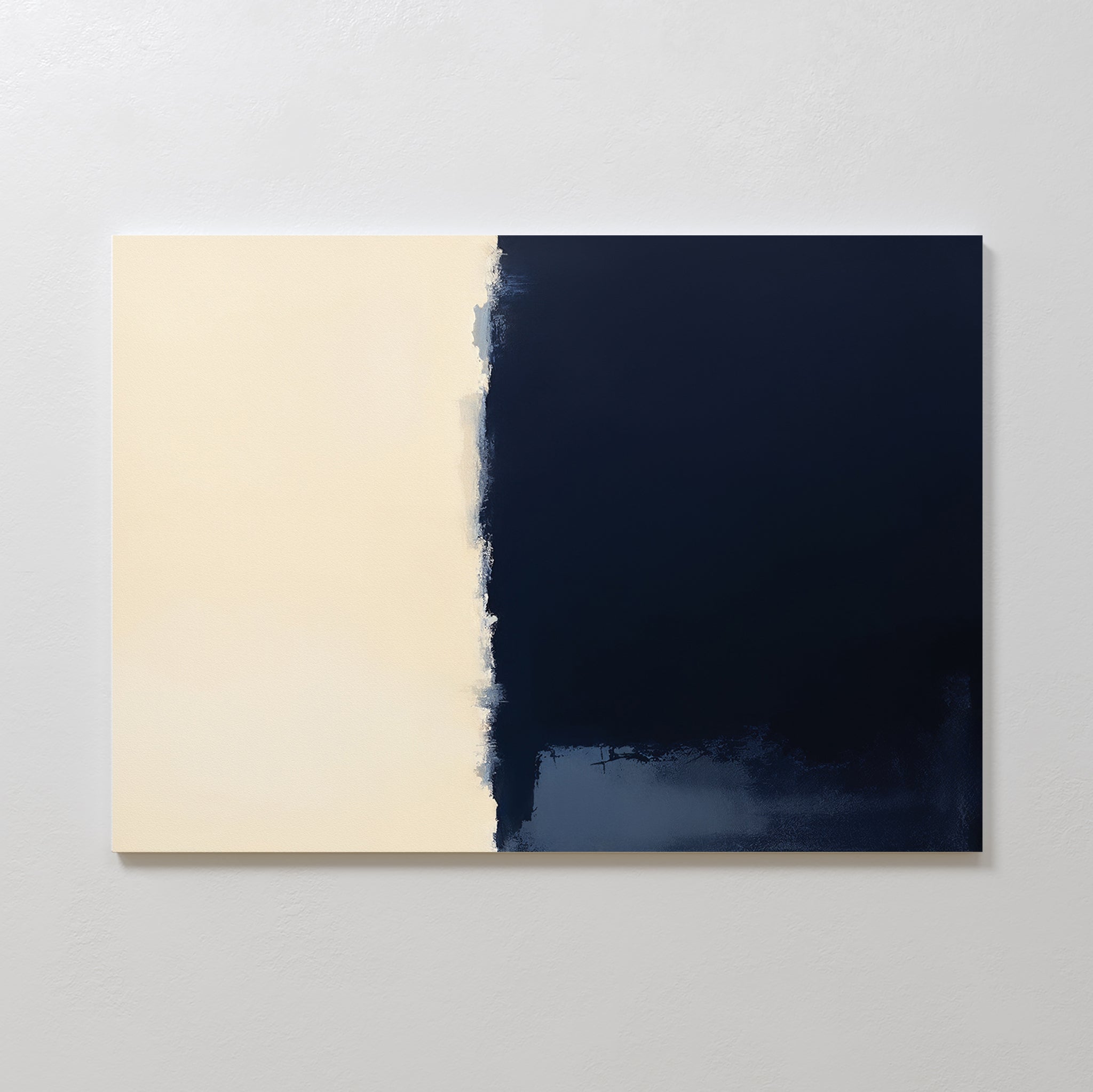 The Navy Division Canvas Art - Horizontal features a minimalist design with a light beige left half and a solid dark navy blue right half, blending subtly in the center for a modern look inspired by Nordic Park aesthetics.