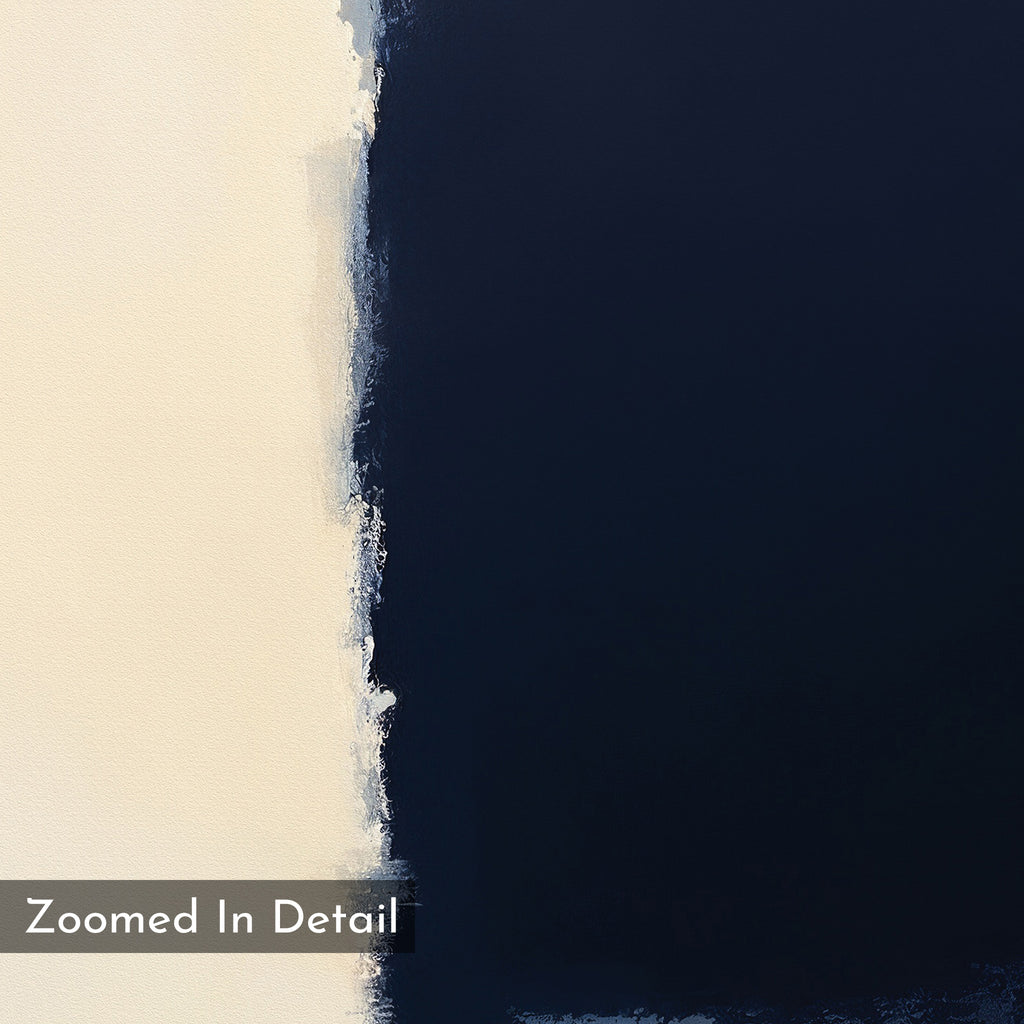 A close-up of the Navy Division Canvas Art - Horizontal reveals modern elegance, featuring a textured vertical edge dividing off-white and dark blue. The bottom left displays a label reading "Zoomed In Detail.