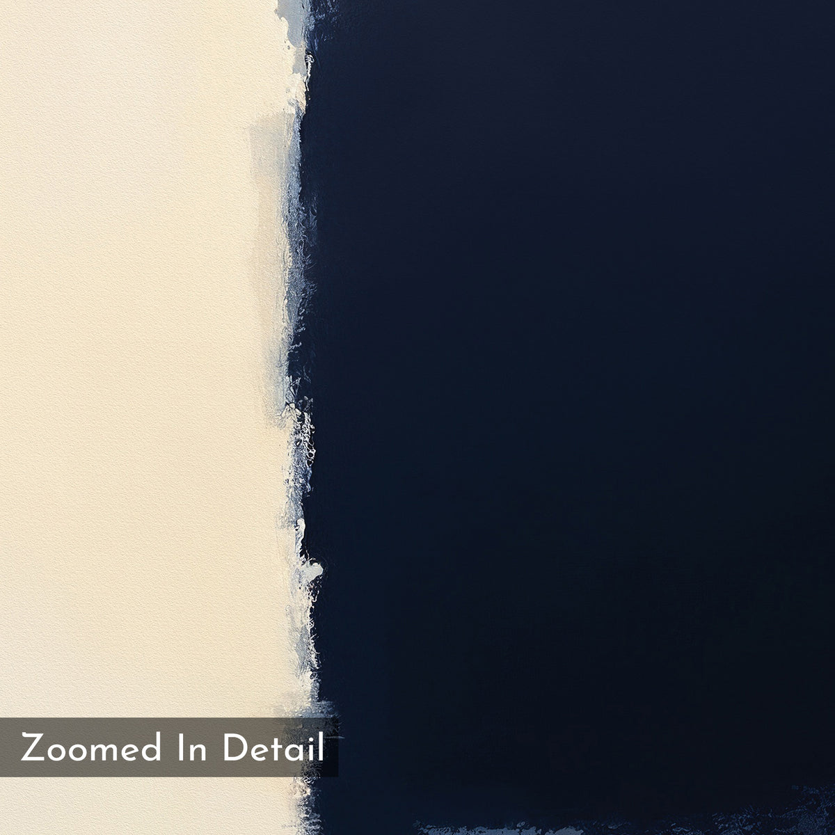 A close-up of the Navy Division Canvas Art - Horizontal reveals modern elegance, featuring a textured vertical edge dividing off-white and dark blue. The bottom left displays a label reading "Zoomed In Detail.