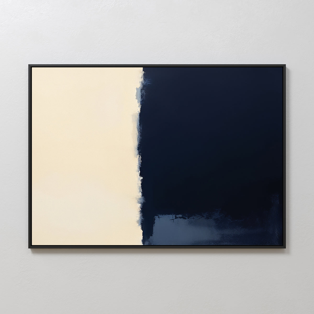 Minimalist Navy Division Canvas Art - Horizontal features a smooth cream left half and a deep navy blue right half with uneven edges. Black-framed, it suits modern spaces—ideal for Nordic Park artwork fans.