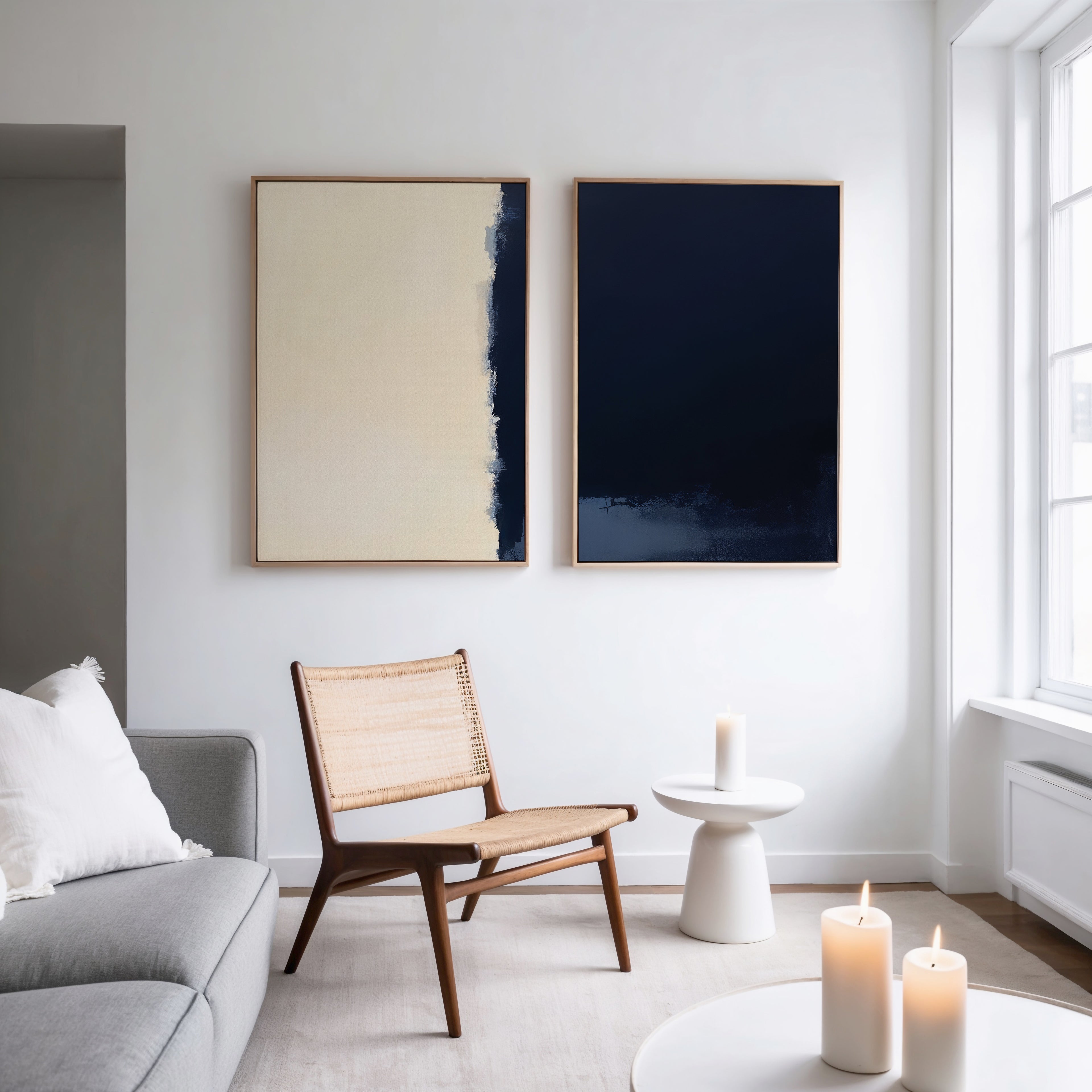A minimalist living room with a gray sofa, woven chair, white side table, and candles feels modern and serene. Above, the Navy Division - Set Of 2 abstract paintings in beige and dark blue enhance the space’s bright elegance.