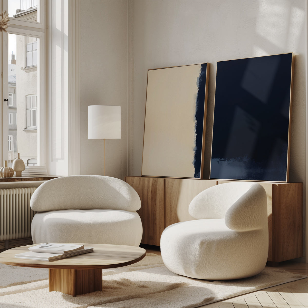 Two Navy Division armchairs and a low wooden coffee table are arranged in a bright room with large windows. Minimalist art, including a striking print, leans against a wooden sideboard beneath the window.