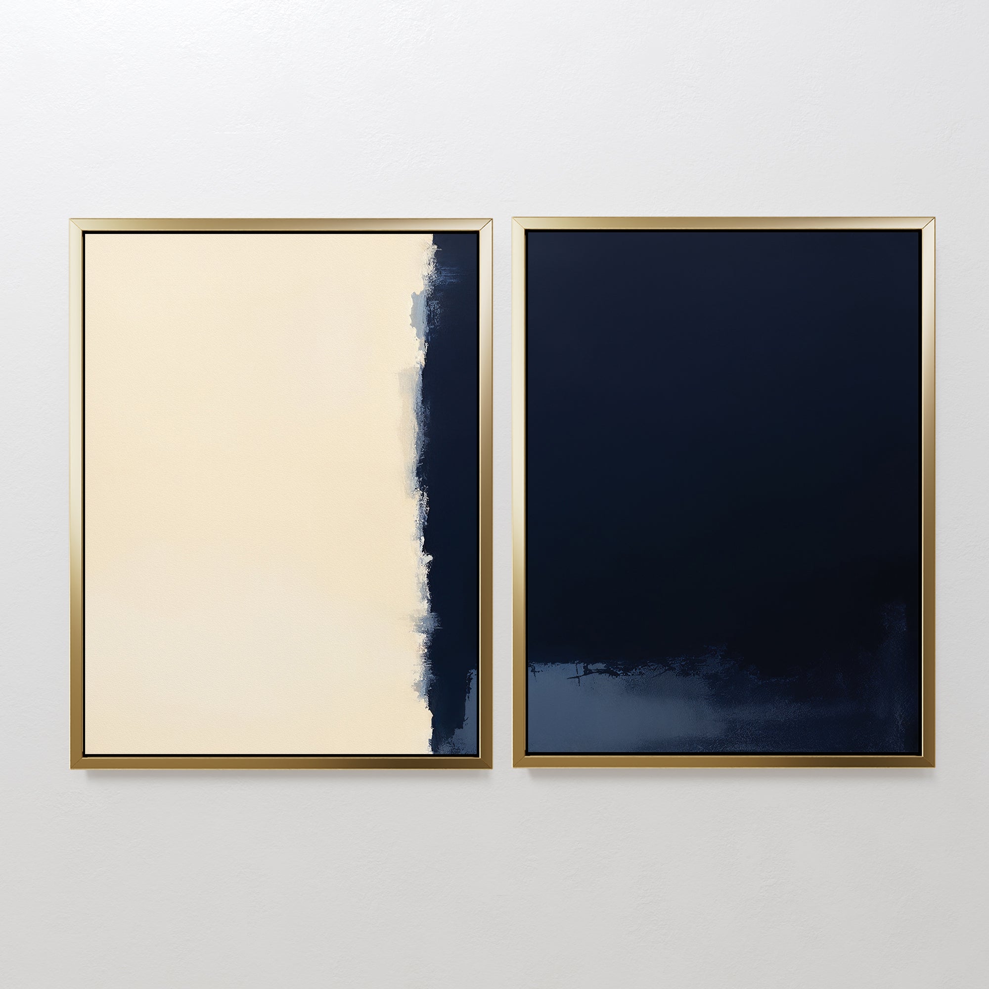 Navy Division - Set Of 2 features minimalist abstracts in gold frames: one blending beige into dark blue, the other mostly deep blue with a lighter base. These prints add Nordic Park-inspired modern elegance to any white wall.