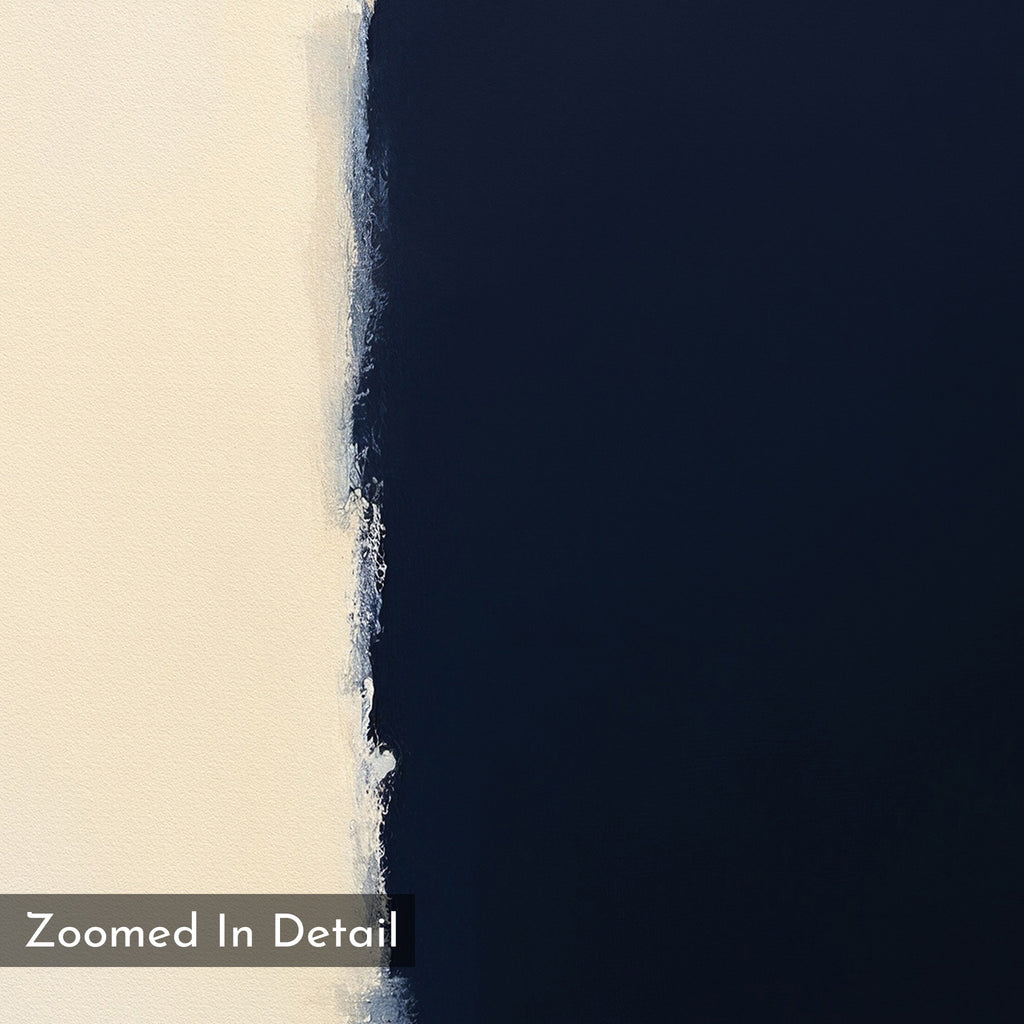 A close-up of the Navy Division Canvas Art - Square shows a cream area on the left, dark navy on the right, and a textured border between them. "Zoomed In Detail" is displayed at the bottom left.
