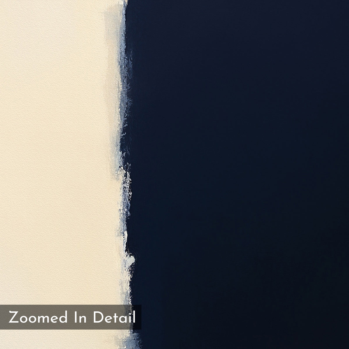 A close-up of the Navy Division Canvas Art - Square shows a cream area on the left, dark navy on the right, and a textured border between them. "Zoomed In Detail" is displayed at the bottom left.