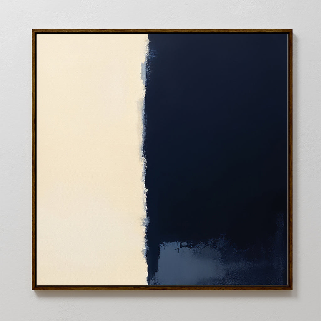 The Navy Division Canvas Art - Square features a minimalist design with solid cream on the left and deep navy blue on the right, divided by a textured edge. Ideal as Nordic Park decor or striking navy wall art for modern interiors.