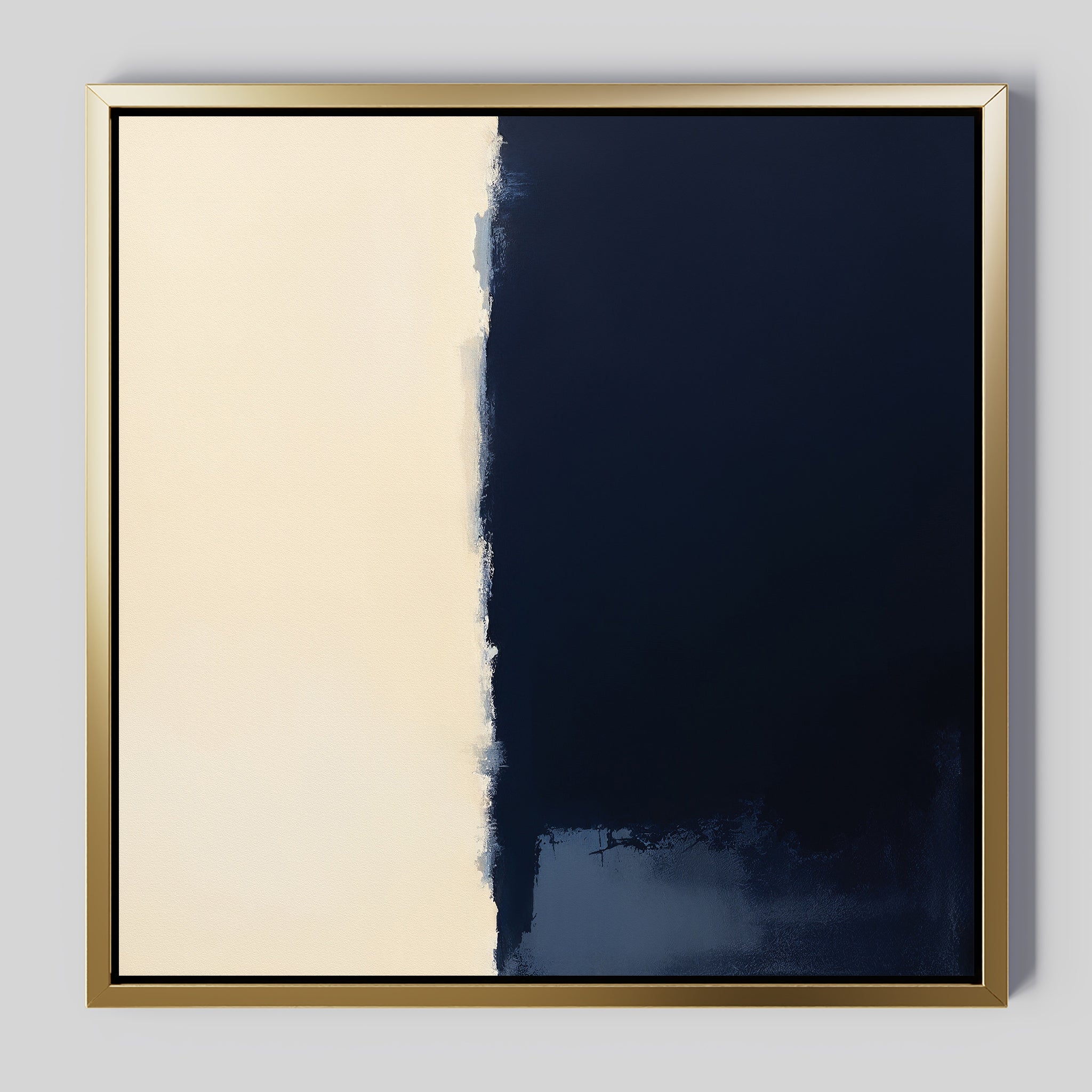 The Navy Division Canvas Art - Square features a minimalist design with a solid dark navy right side and light cream left side, separated by an uneven vertical edge—ideal navy blue wall art for modern interiors.