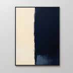 The Navy Division Canvas Art - Vertical is a minimalist abstract print with an off-white left side and deep navy blue right, separated by a textured, uneven vertical border for a modern, elegant look.