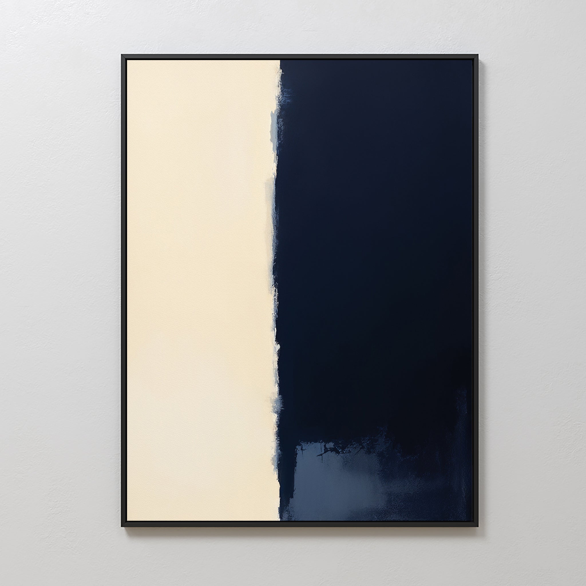 The Navy Division Canvas Art - Vertical is a minimalist abstract print with an off-white left side and deep navy blue right, separated by a textured, uneven vertical border for a modern, elegant look.