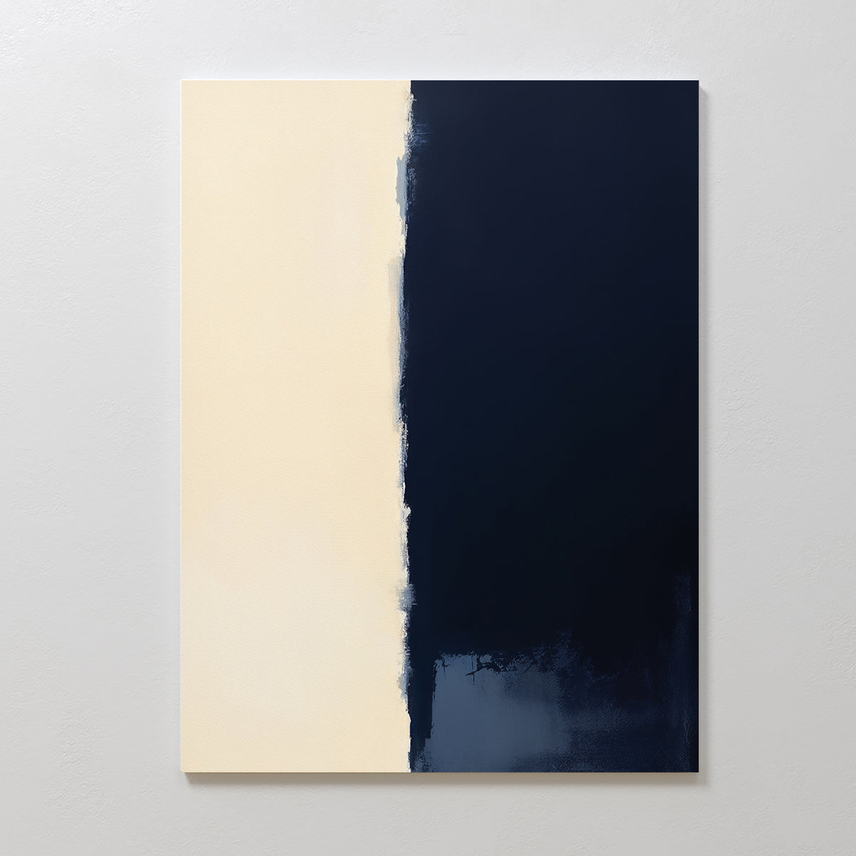 The Navy Division Canvas Art - Vertical features two uneven vertical halves—off-white on the left, dark navy blue on the right—with rough, textured blending at the center, creating a modern Nordic look.