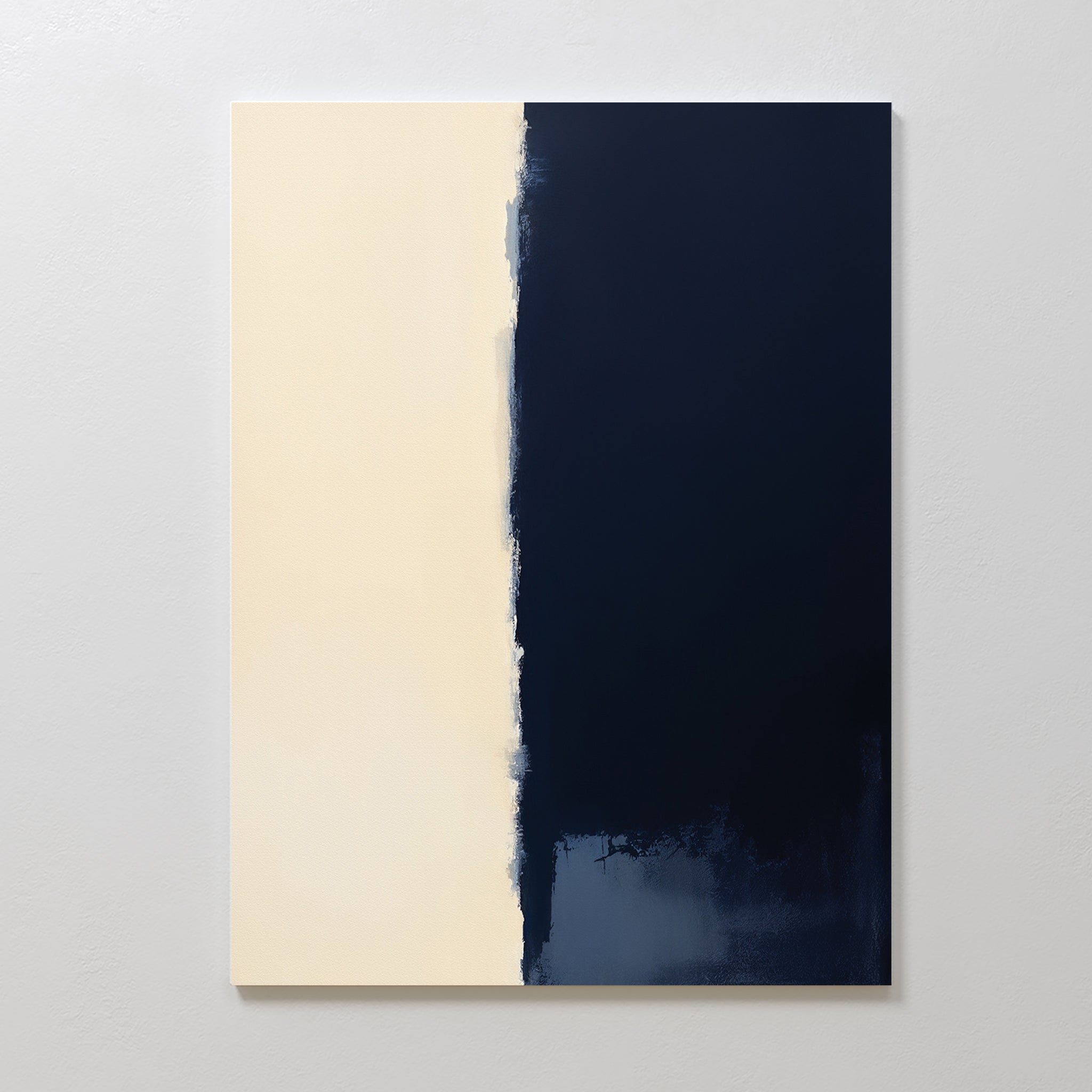 The Navy Division Canvas Art - Vertical features two uneven vertical halves—off-white on the left, dark navy blue on the right—with rough, textured blending at the center, creating a modern Nordic look.