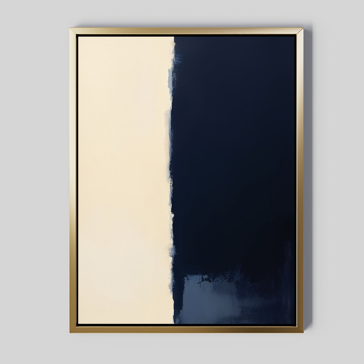 Navy Division Canvas Art - Vertical: Abstract piece with a gold frame, showcasing two vertical sections—light beige on the left and dark navy on the right, separated by a rough, blended edge for a modern minimalist look.
