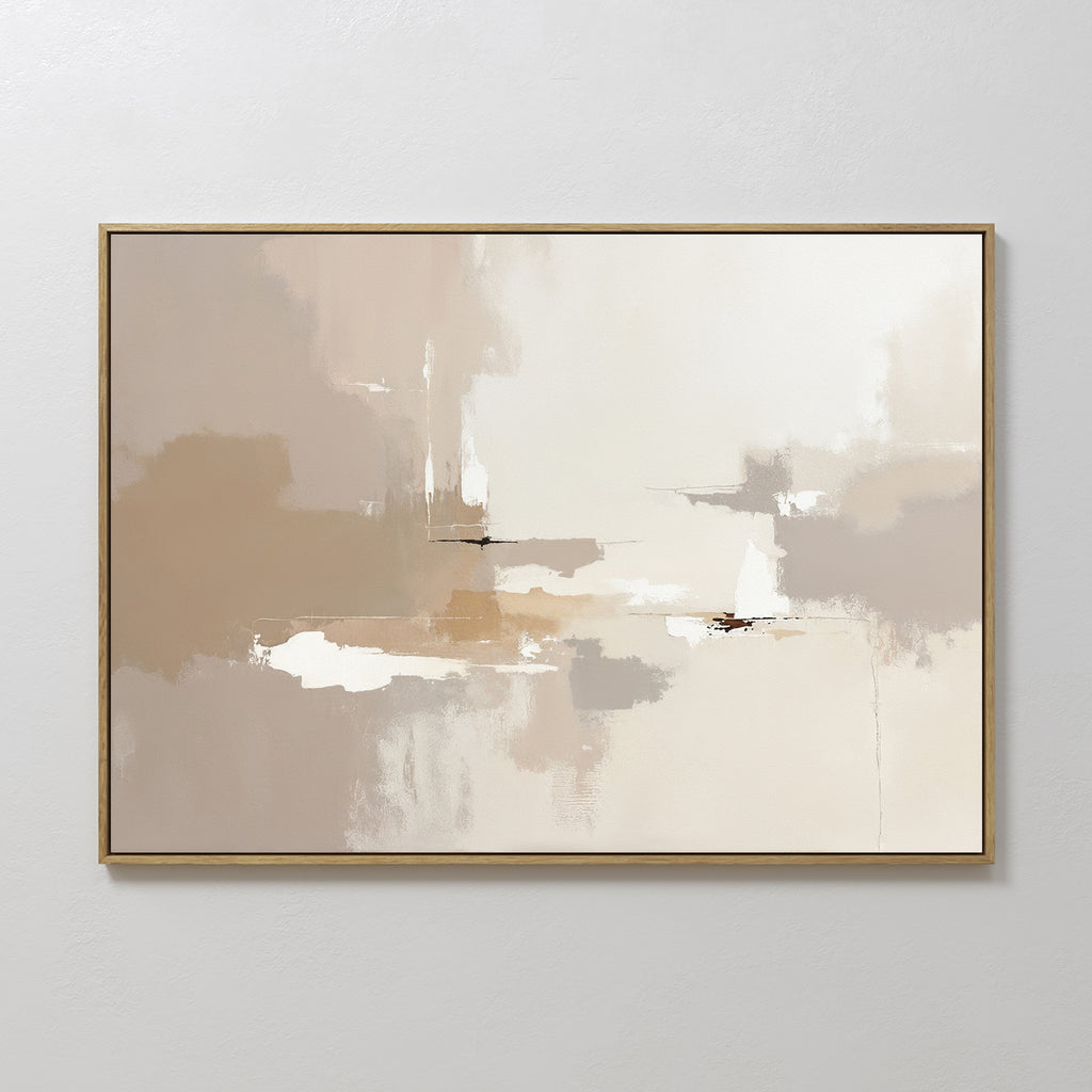Neutral Territory Canvas Art - Horizontal features soft beige, taupe, white, and light brown brushstrokes in a gold frame. Its minimalist abstract design exudes contemporary elegance with cloud-like forms on a calm, neutral palette.