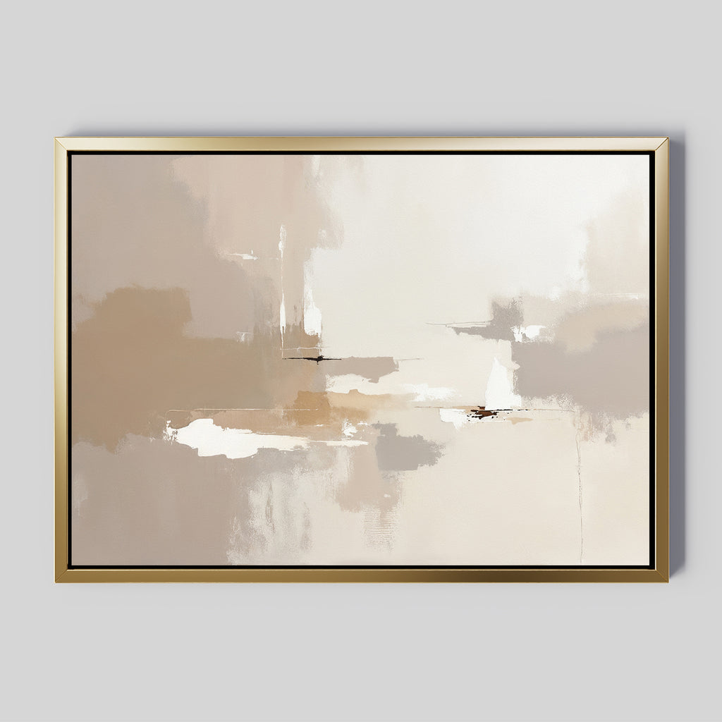 The Neutral Territory Canvas Art - Horizontal features abstract beige, cream, brown, and white tones with soft shapes and brushstrokes. This minimalist piece is framed in a thin gold frame against a light gray background.