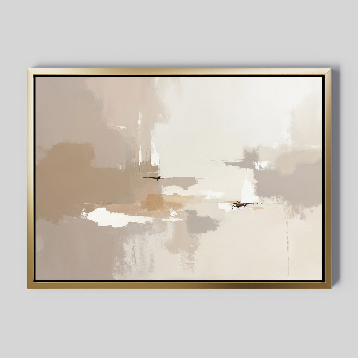 The Neutral Territory Canvas Art - Horizontal features abstract beige, cream, brown, and white tones with soft shapes and brushstrokes. This minimalist piece is framed in a thin gold frame against a light gray background.
