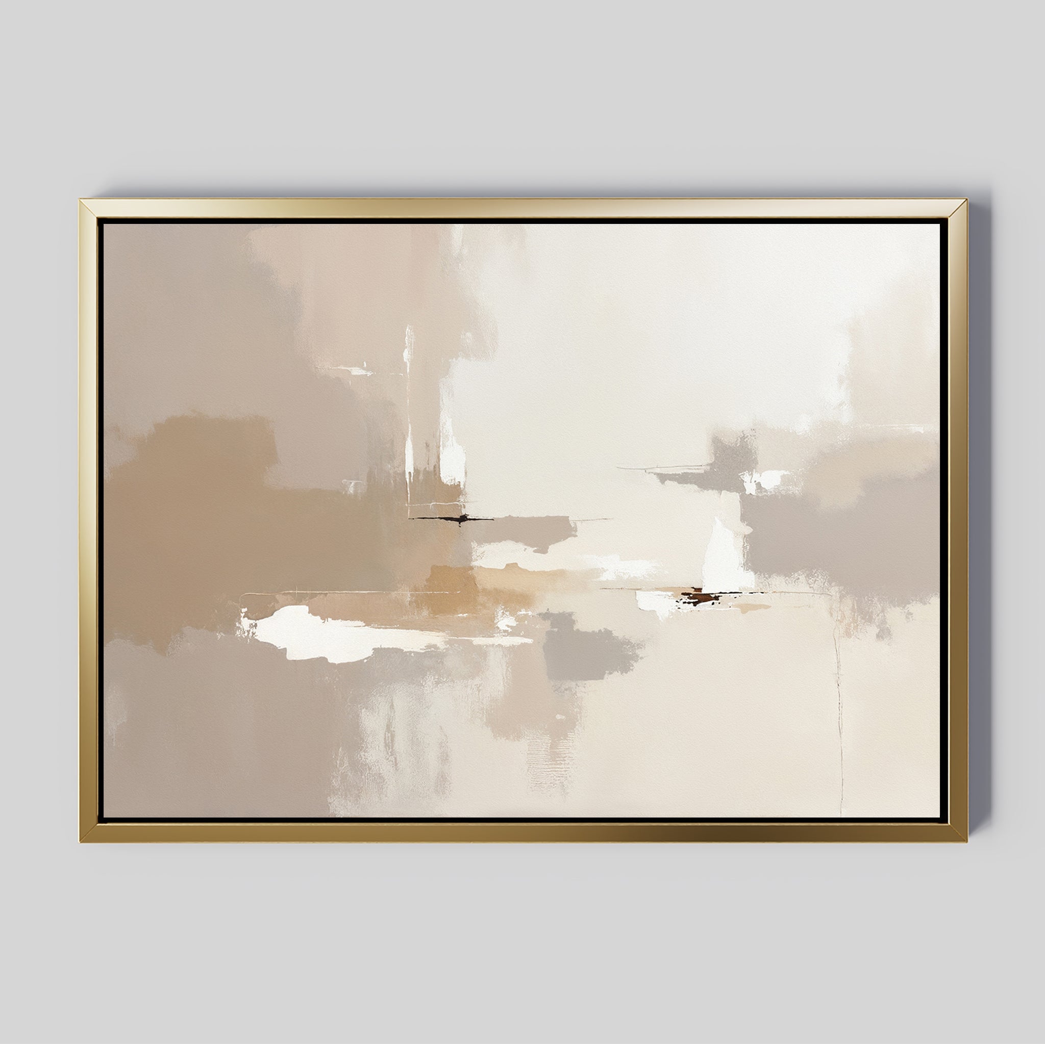 The Neutral Territory Canvas Art - Horizontal features abstract beige, cream, brown, and white tones with soft shapes and brushstrokes. This minimalist piece is framed in a thin gold frame against a light gray background.