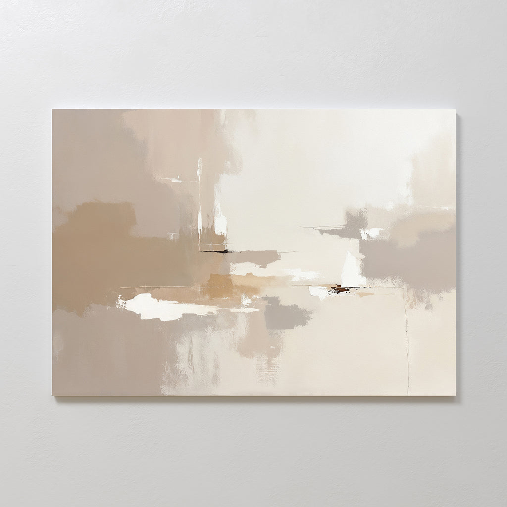Neutral Territory Canvas Art - Horizontal features soft beige, cream, and light brown tones with blurred brushstrokes and subtle white accents, offering minimalist, contemporary elegance and a tranquil vibe to any plain white wall.