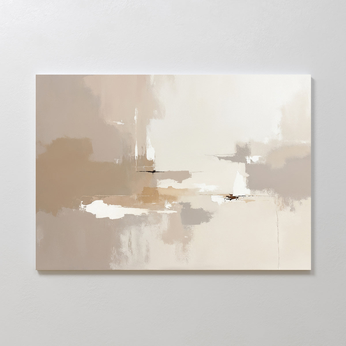Neutral Territory Canvas Art - Horizontal features soft beige, cream, and light brown tones with blurred brushstrokes and subtle white accents, offering minimalist, contemporary elegance and a tranquil vibe to any plain white wall.