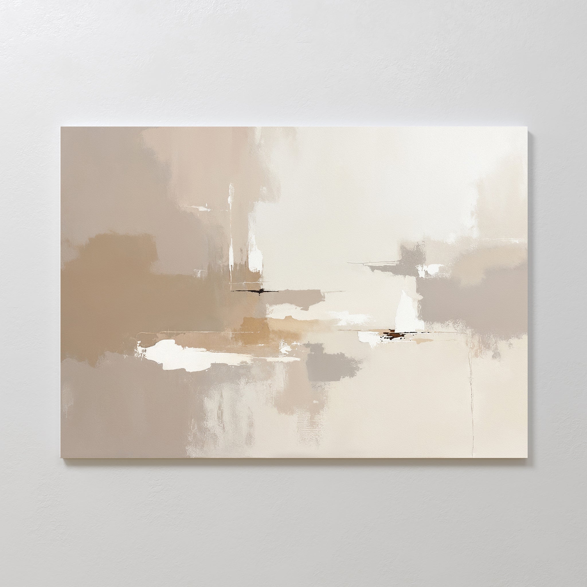 Neutral Territory Canvas Art - Horizontal features soft beige, cream, and light brown tones with blurred brushstrokes and subtle white accents, offering minimalist, contemporary elegance and a tranquil vibe to any plain white wall.