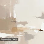 Neutral Territory Canvas Art - Horizontal displays beige, tan, white, and gray brushstrokes with textured patches. A label in the lower left reads "Zoomed In Detail" in white text on gray, emphasizing its contemporary elegance.