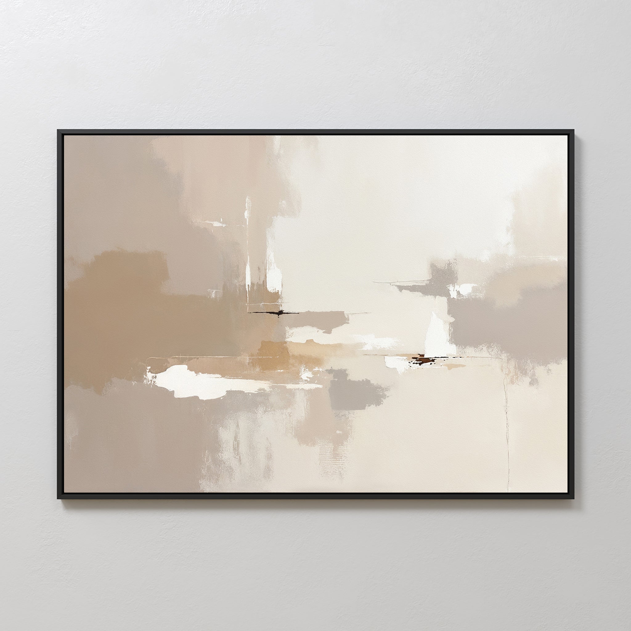 The Neutral Territory Canvas Art - Horizontal features abstract beige, cream, white, and light brown brushstrokes in a thin black frame. Displayed on a light gray wall, it brings soft texture and contemporary elegance to any space.