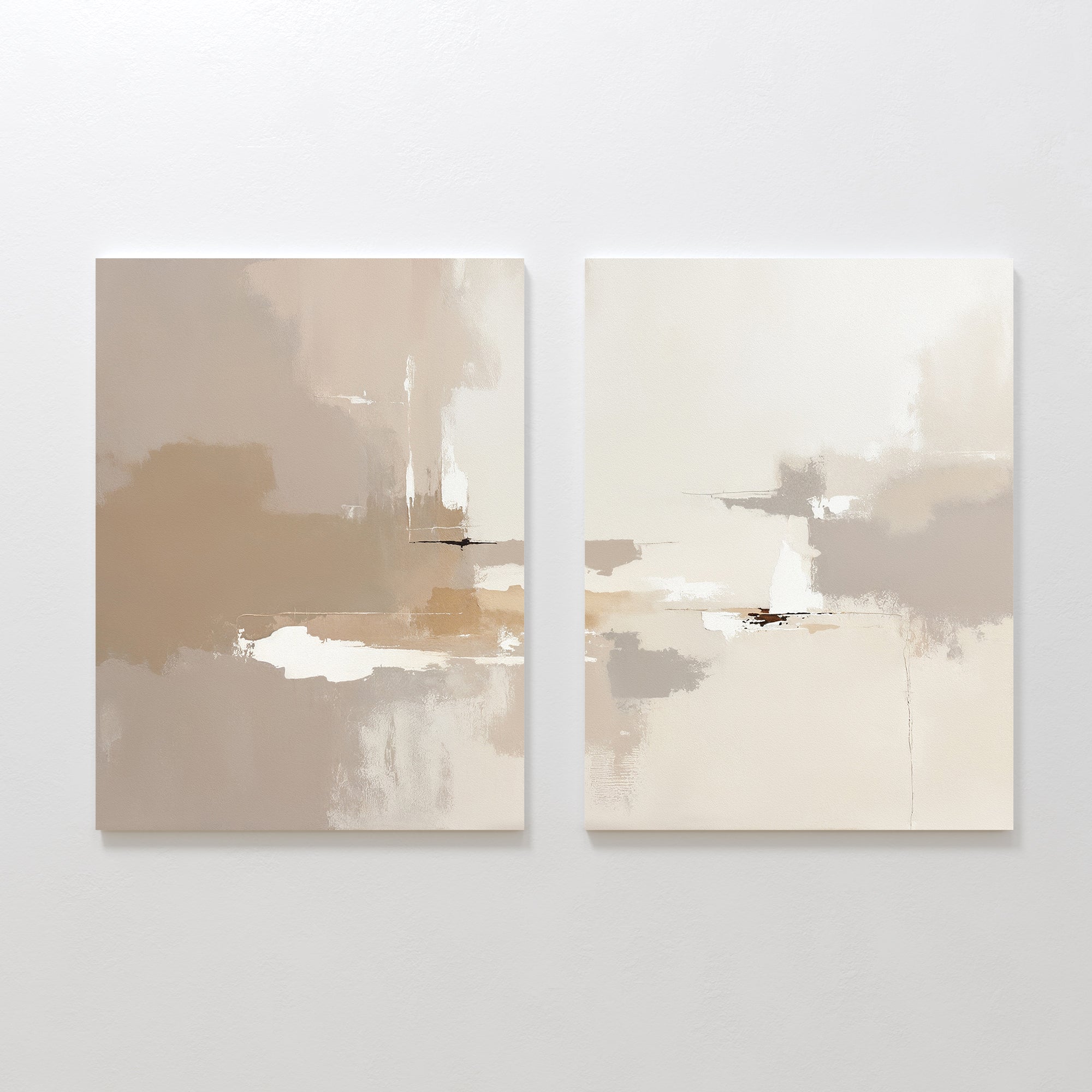 The Neutral Territory - Set Of 2 features minimalist artworks in beige, taupe, white, and brown with soft blended shapes and bold lines—an abstract print duo perfect for adding contemporary elegance to any white wall.