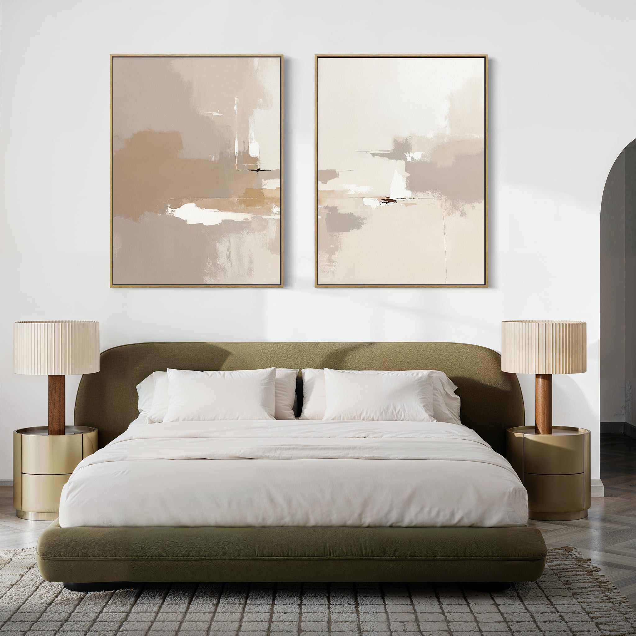 A modern bedroom features a green bed, white bedding, and two "Neutral Territory - Set Of 2" nightstands with matching lamps, minimalist artwork above the bed, and a patterned rug for contemporary elegance.
